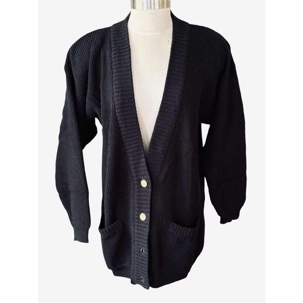 Lindsey Blake Women M Black Chunky Knit Gold Button Down Cardigan Sweater